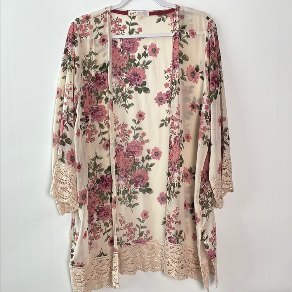 Jolt Pink Floral Crochet Lace Kimono